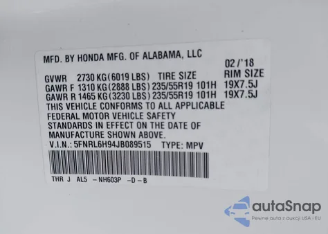 2018 Honda Odyssey Elite from USA, damaged, VIN 5FNRL6H94JB089515